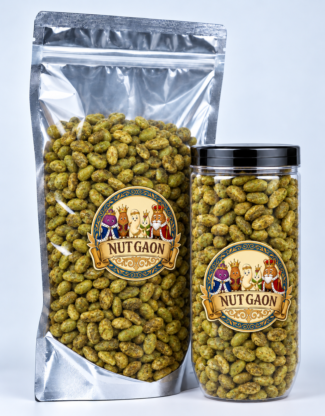 Nutgaon Pudina Edamame in a transparent pouch and jar