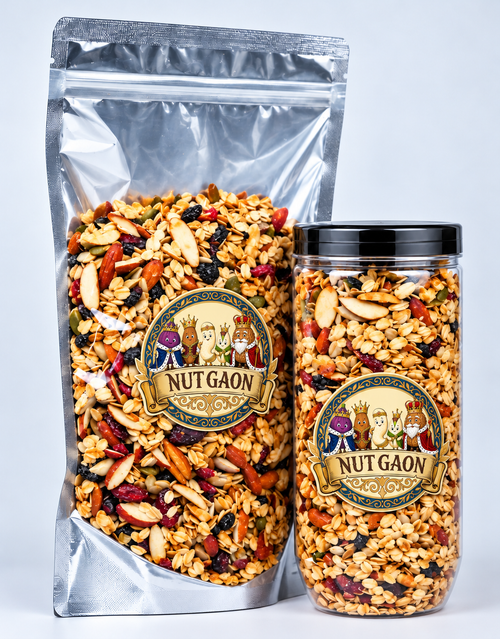 Nutgaon Granola in a transparent pouch and jar