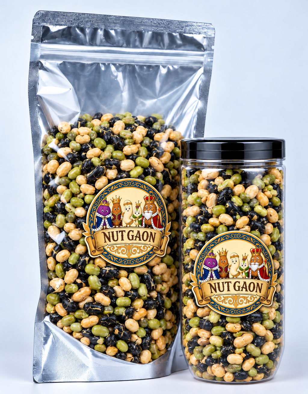 Nutgaon Three Protein Beans in a transparent pouch and jar
