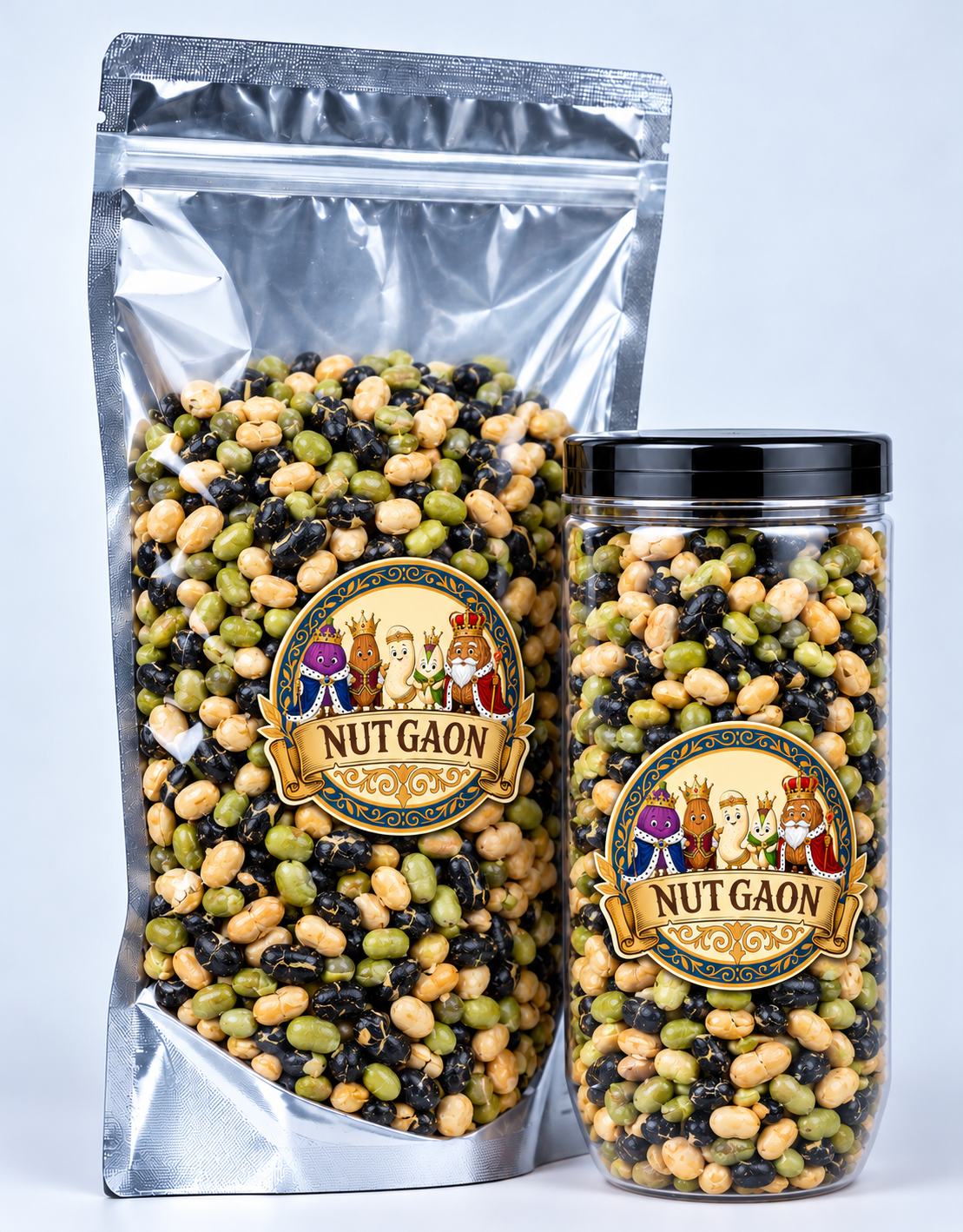 Nutgaon Three Protein Beans in a transparent pouch and jar
