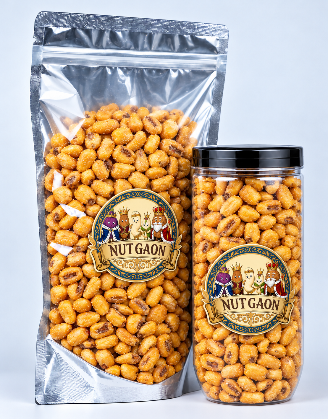 Nutgaon Salted Corn Nuts in a transparent pouch and jar