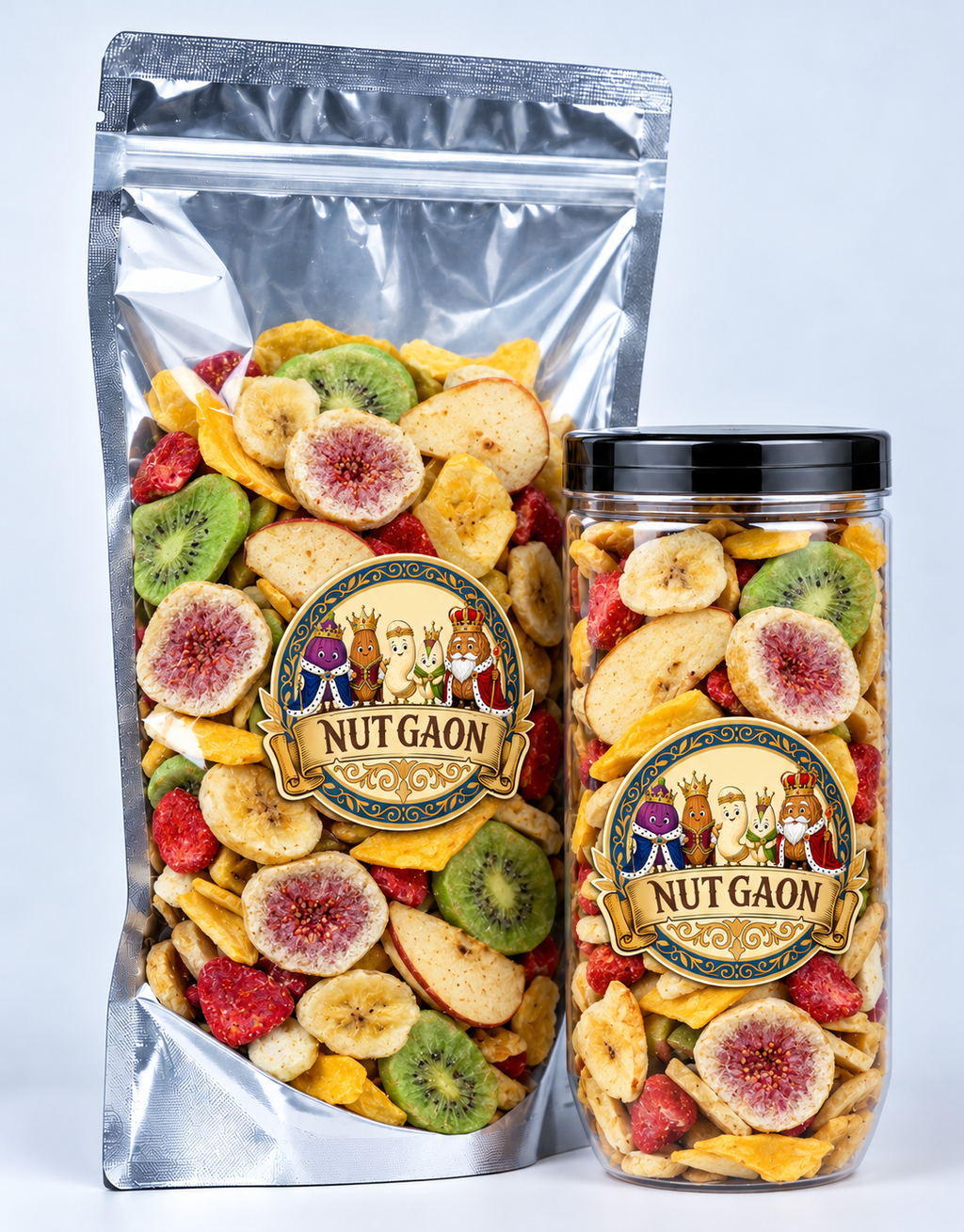 Nutgaon Freeze Dried Fruit Chips in a transparent pouch and jar
