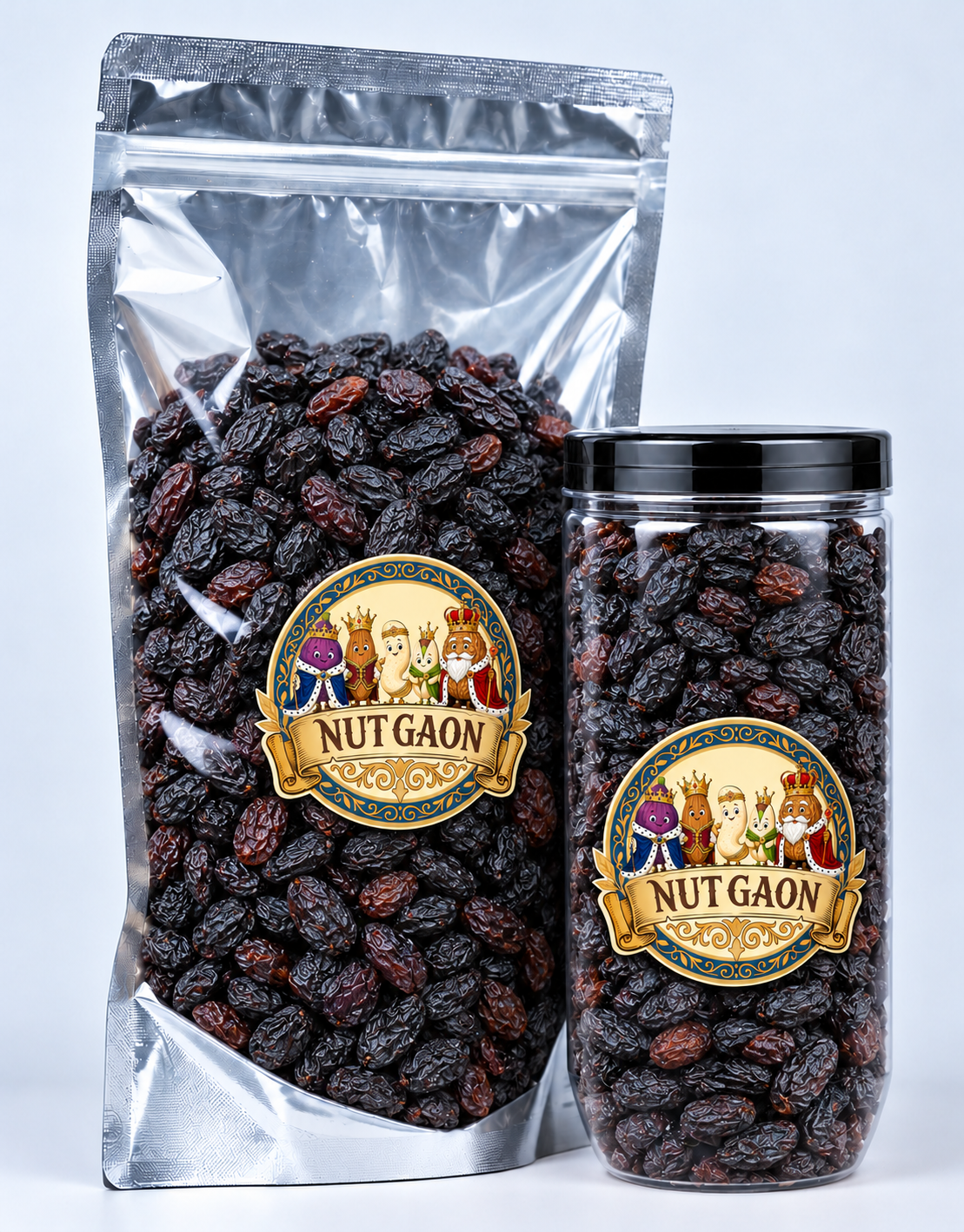 Nutgaon Black Raisins Seedless in a transparent pouch and jar