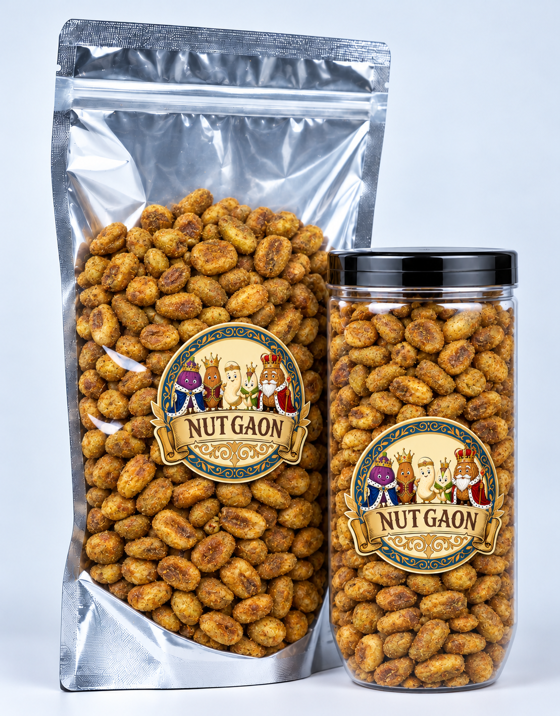 Nutgaon Tanduri Corn Nuts in a transparent pouch and jar