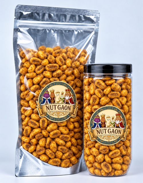 Nutgaon Hing Jeera Corn Nuts in a transparent pouch and jar