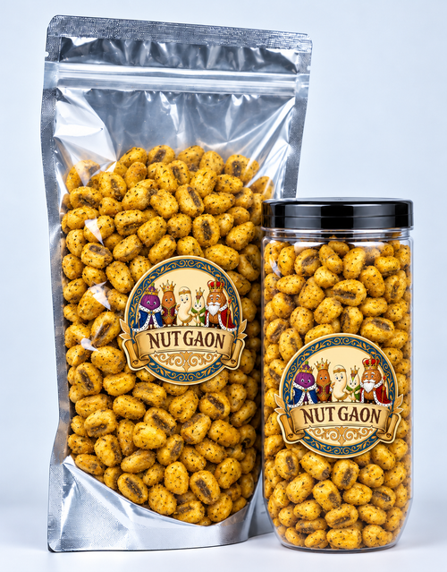 Nutgaon Lemon Delight Corn Nuts in a transparent pouch and jar