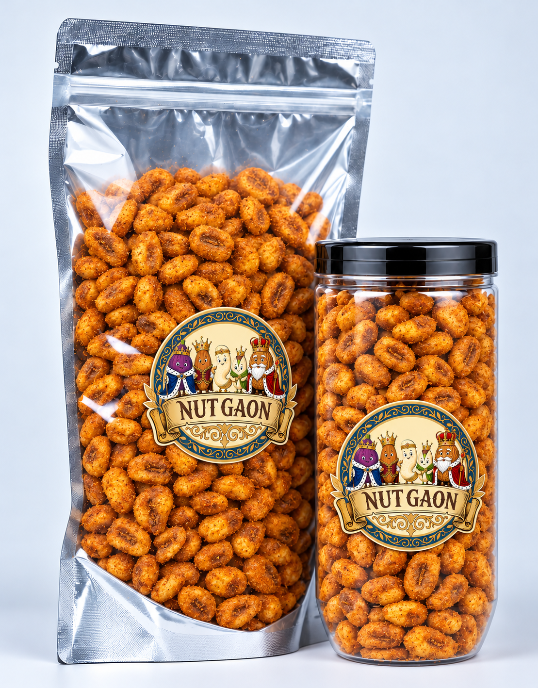 Nutgaon Peri Peri Corn Nuts in a transparent pouch and jar