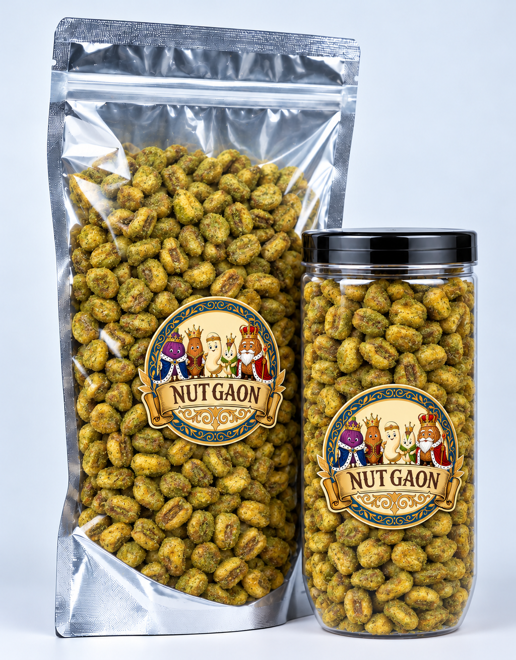 Nutgaon Pudina Corn Nuts in a transparent pouch and jar