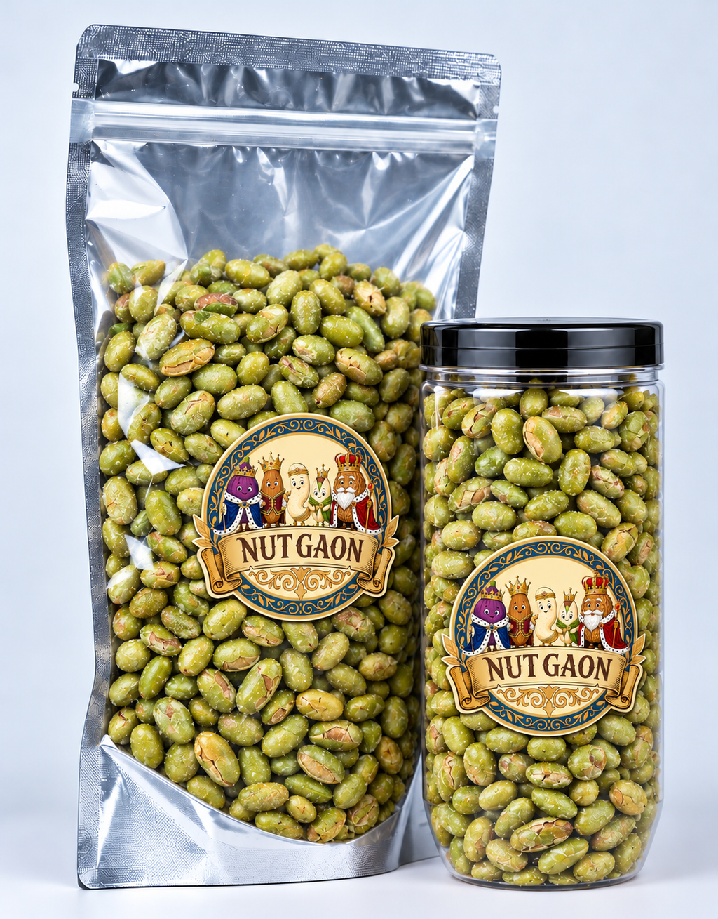 Nutgaon Roasted Salted Edamame in a transparent pouch and jar