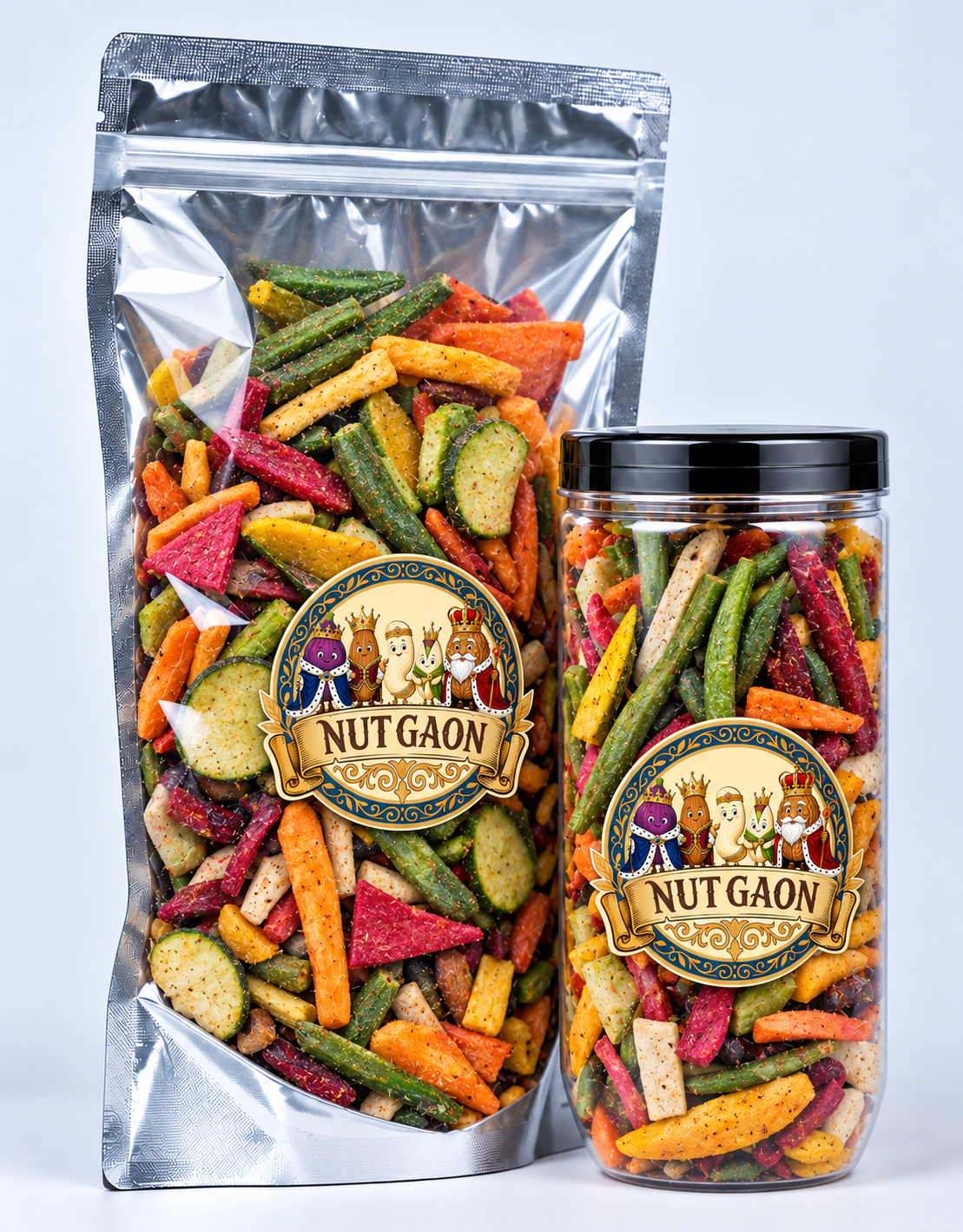 Nutgaon Vegetable Mix Tanduri in a transparent pouch and jar